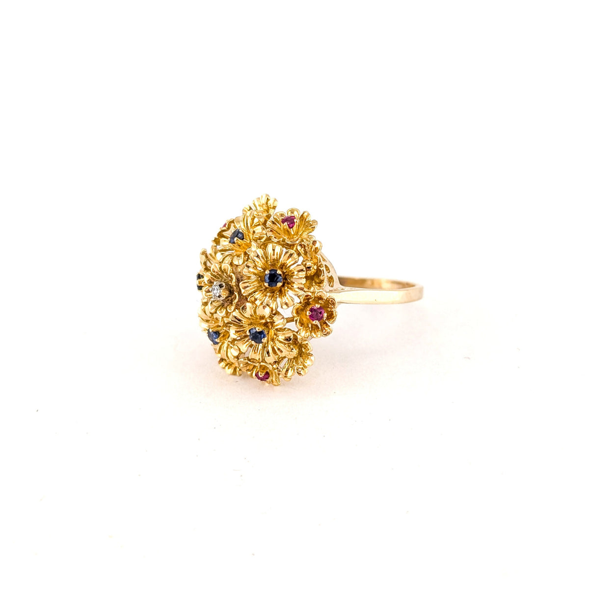 Vintage 18K Gold Ruby Sapphire & Diamond Tremblant Floral Ring, 1950s-60s