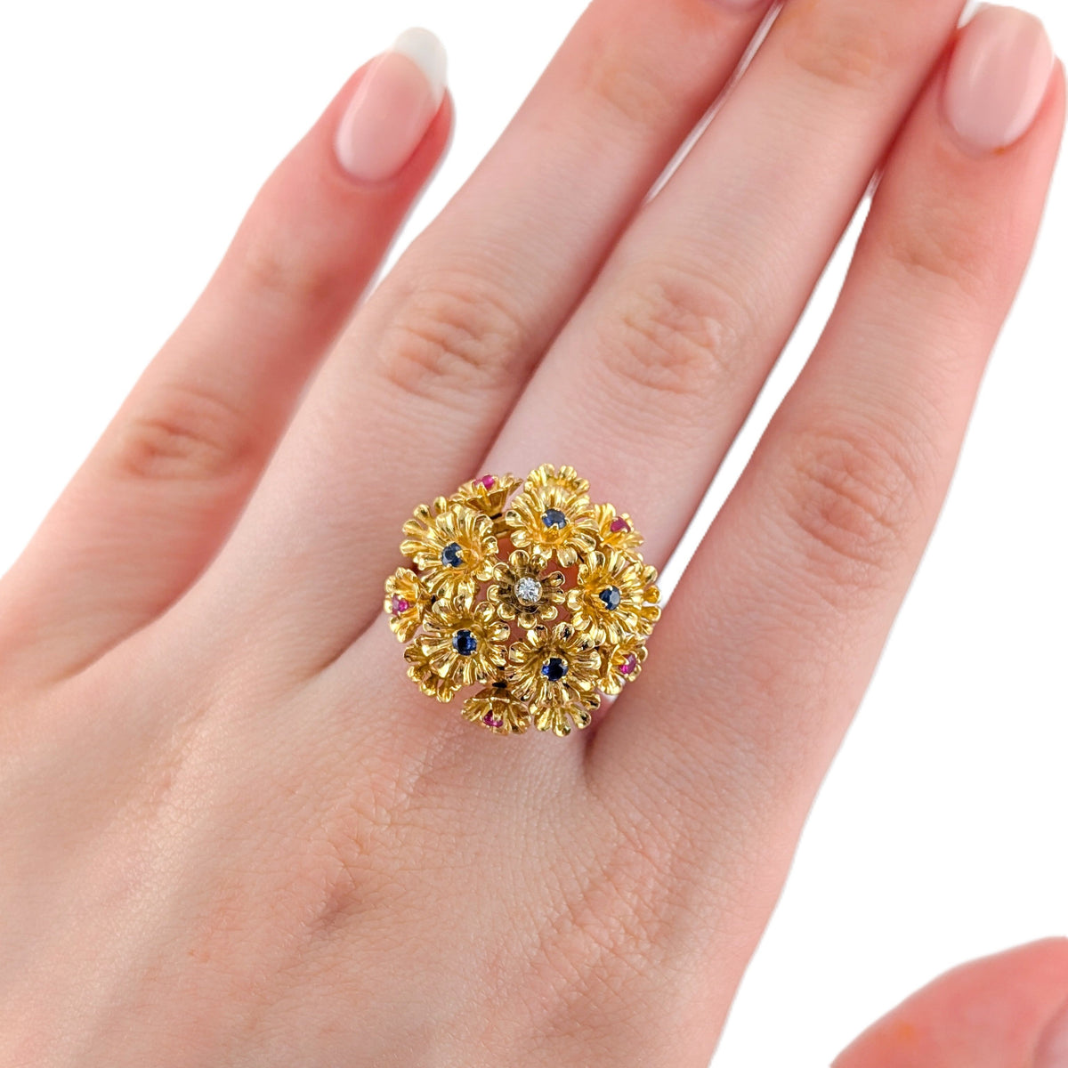 Vintage 18K Gold Ruby Sapphire & Diamond Tremblant Floral Ring, 1950s-60s