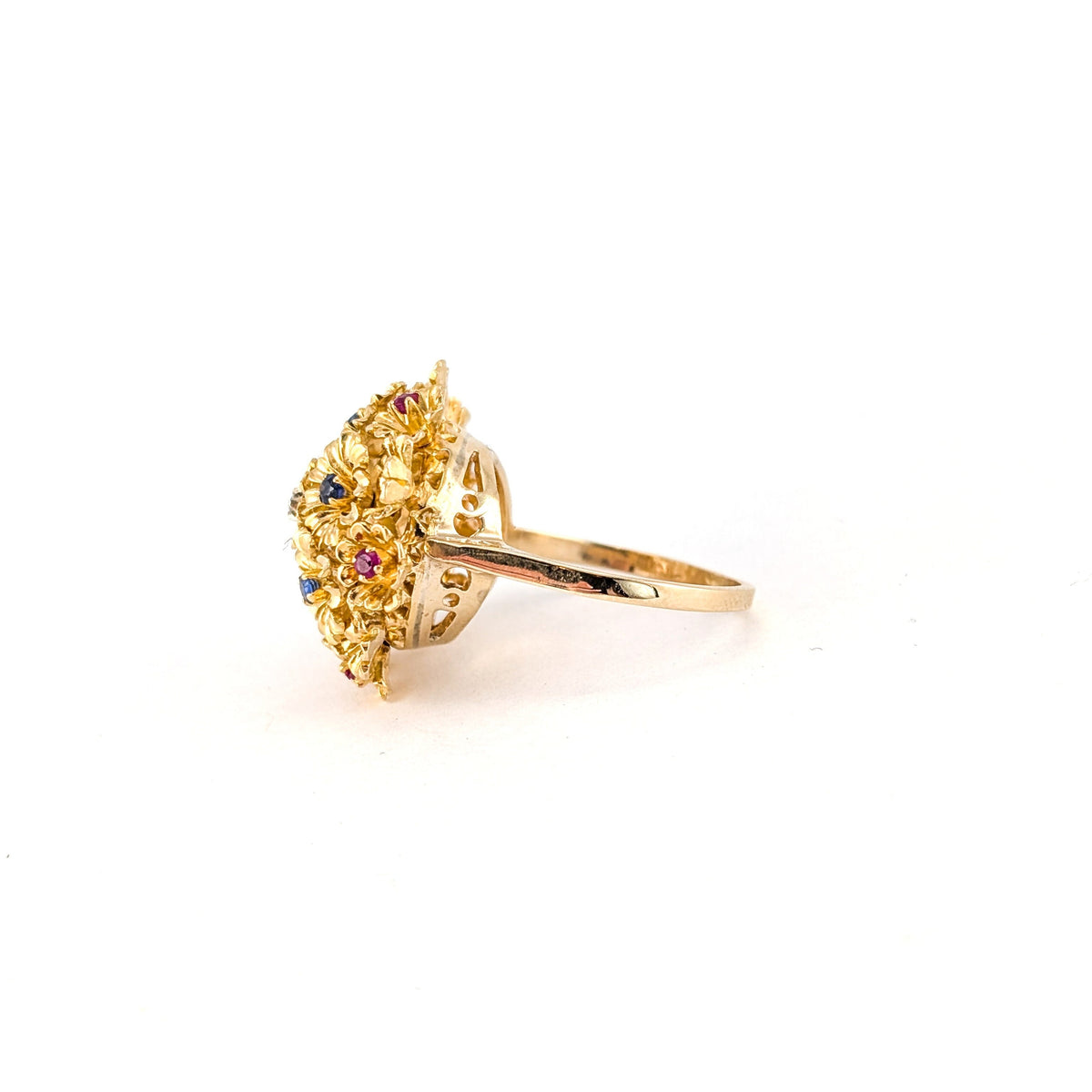 Vintage 18K Gold Ruby Sapphire & Diamond Tremblant Floral Ring, 1950s-60s