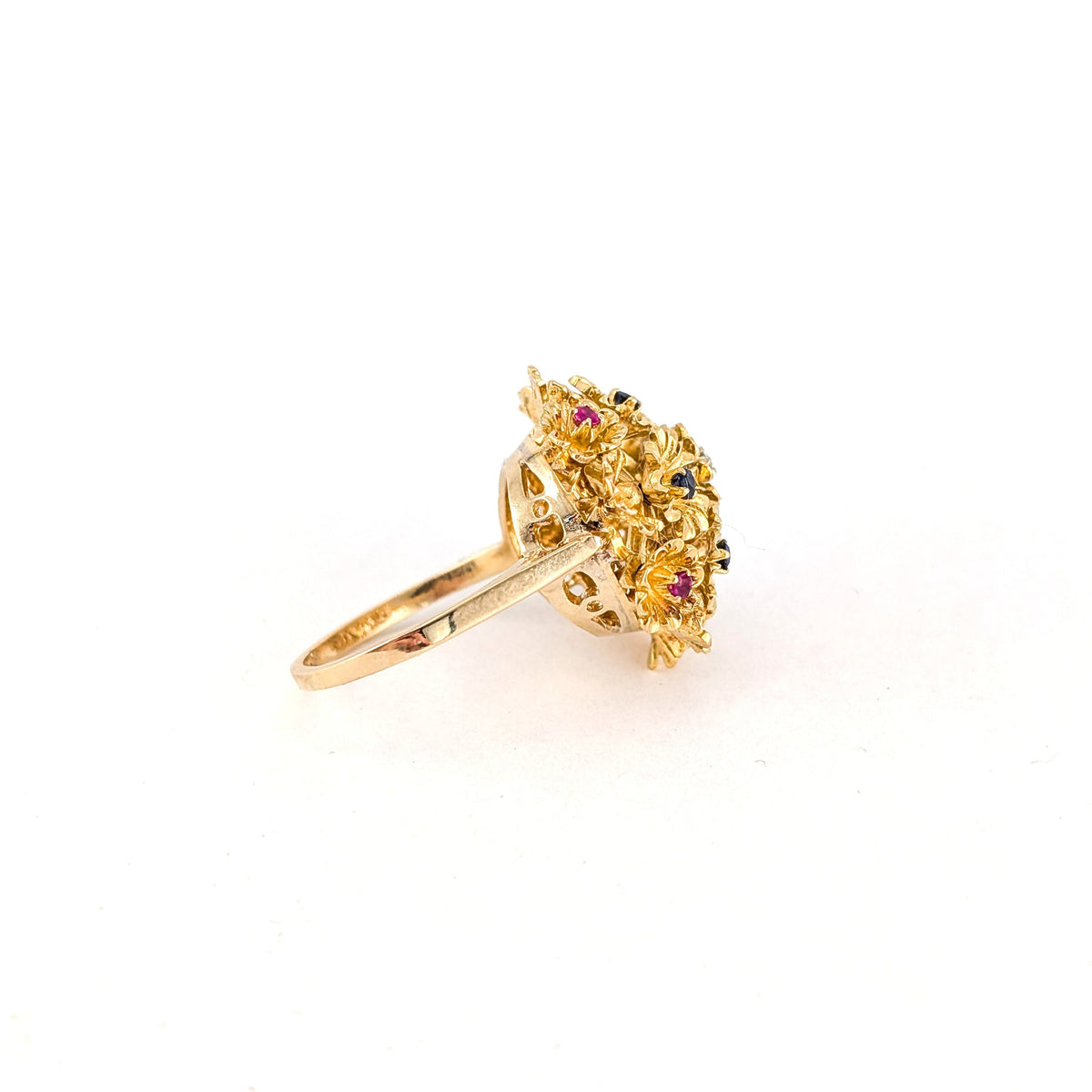 Vintage 18K Gold Ruby Sapphire & Diamond Tremblant Floral Ring, 1950s-60s