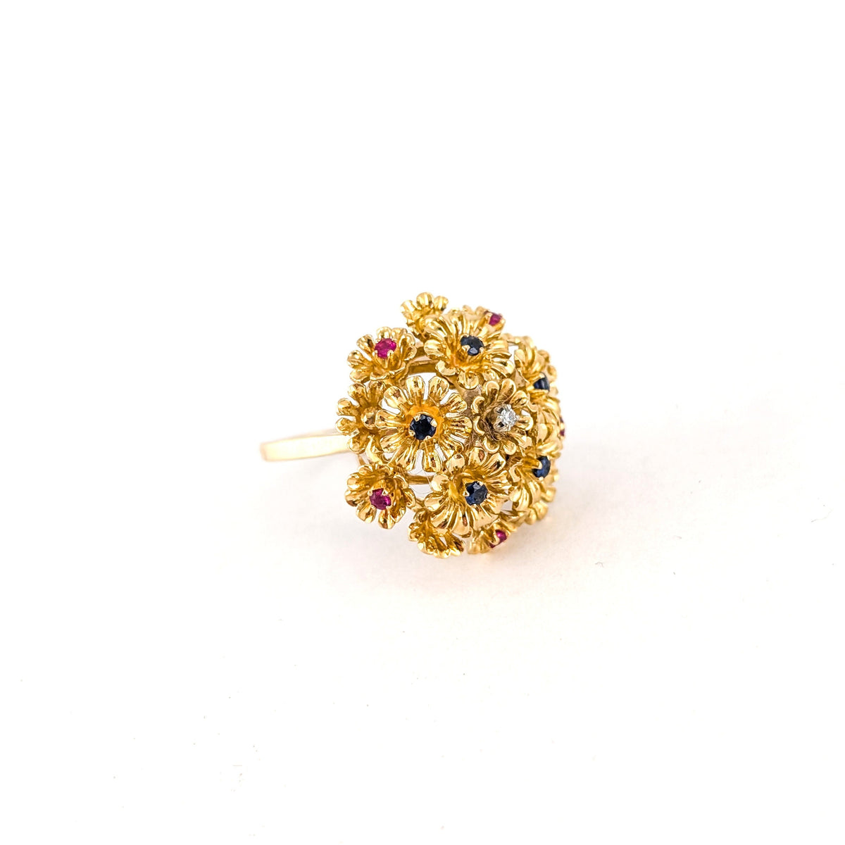 Vintage 18K Gold Ruby Sapphire & Diamond Tremblant Floral Ring, 1950s-60s