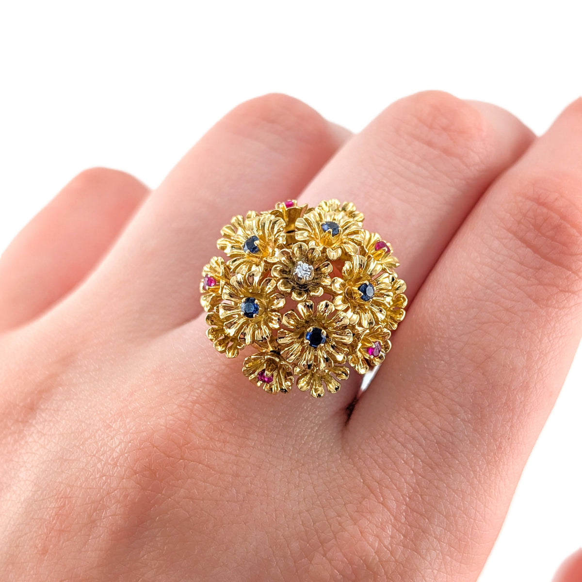 Vintage 18K Gold Ruby Sapphire & Diamond Tremblant Floral Ring, 1950s-60s