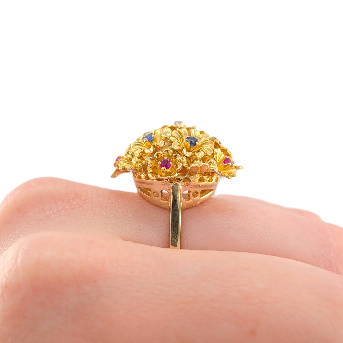 Vintage 18K Gold Ruby Sapphire & Diamond Tremblant Floral Ring, 1950s-60s