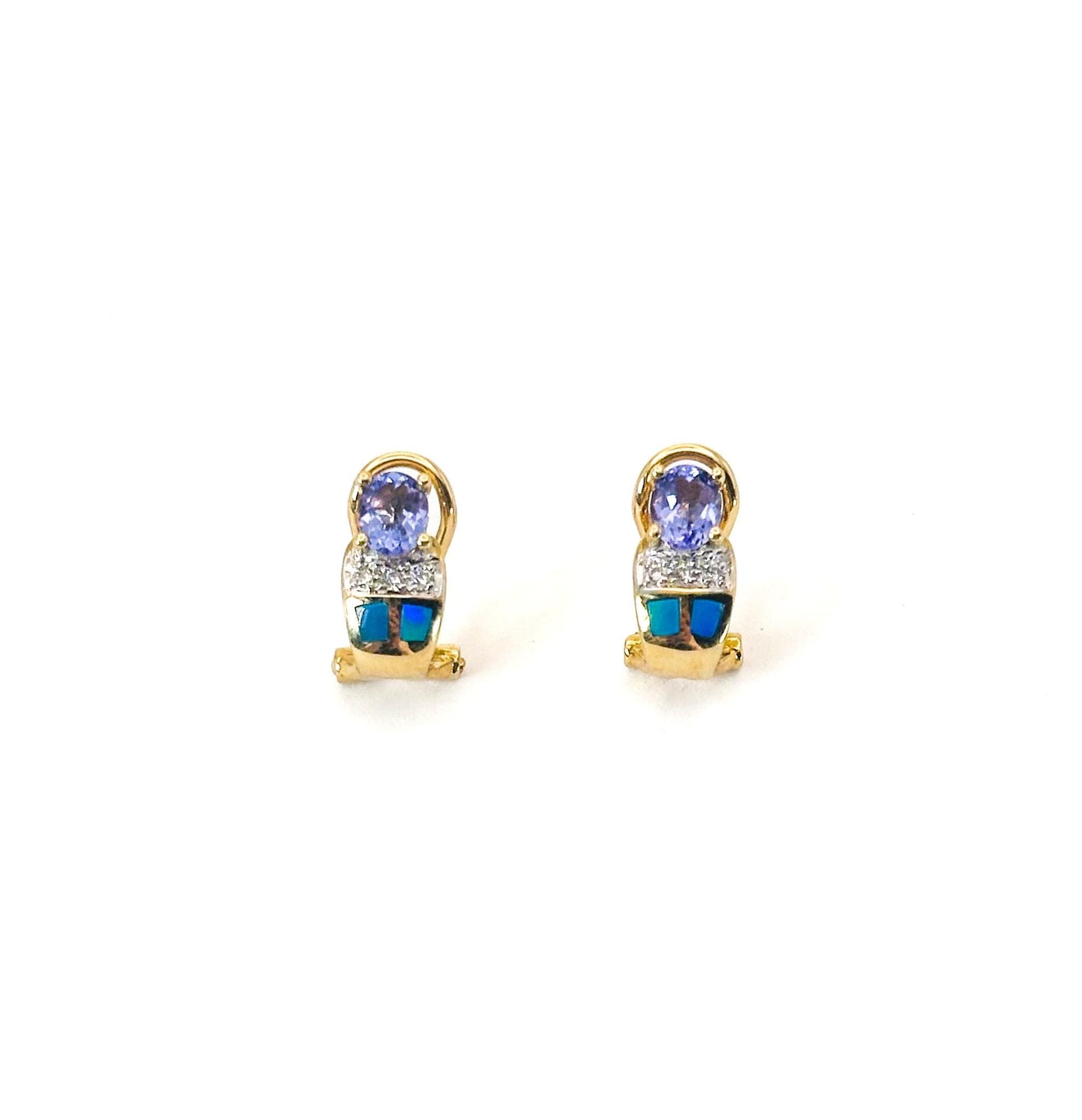 Vintage 18K Gold Tanzanite, Diamond & Opal Earrings