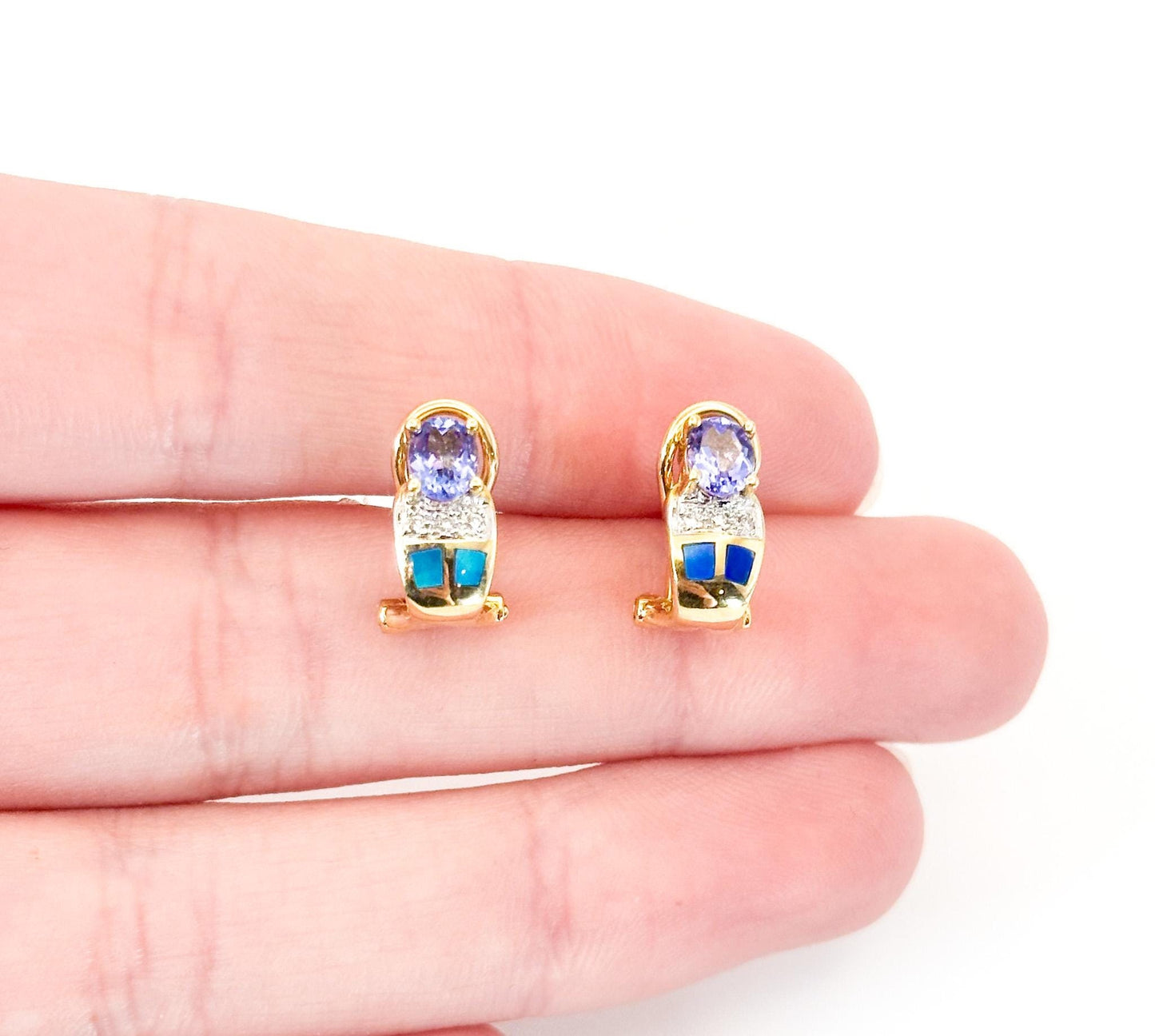 Vintage 18K Gold Tanzanite, Diamond & Opal Earrings