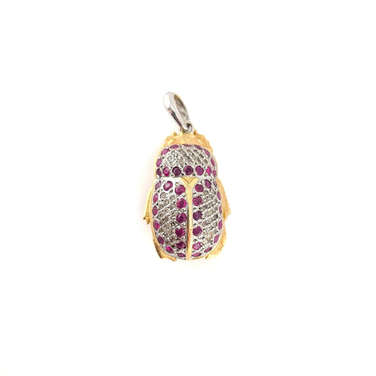 Vintage Diamond and Ruby Scarab Beetle Pendant in 18K Gold and Platinum