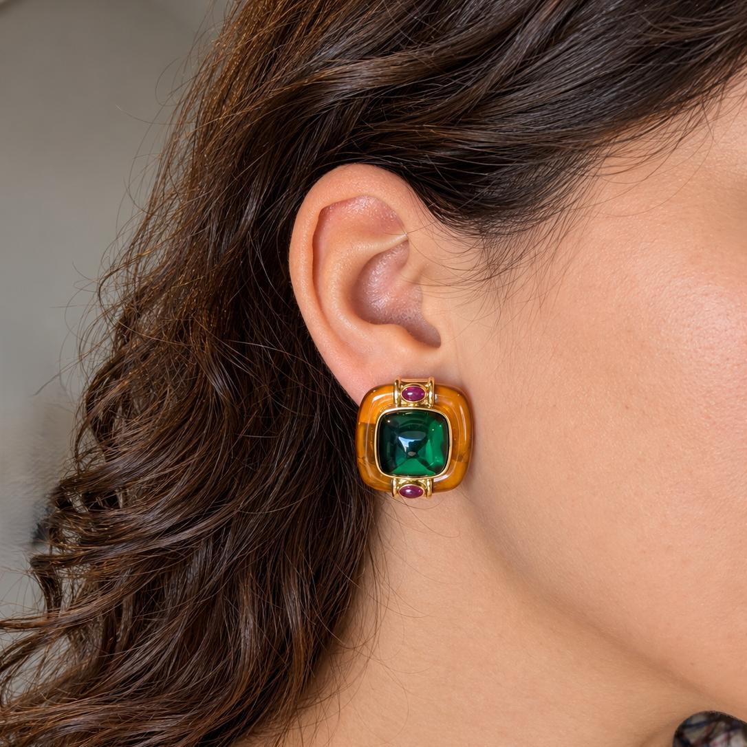 Vintage 14K Gold Tourmaline Citrine and Ruby Omega back earrings