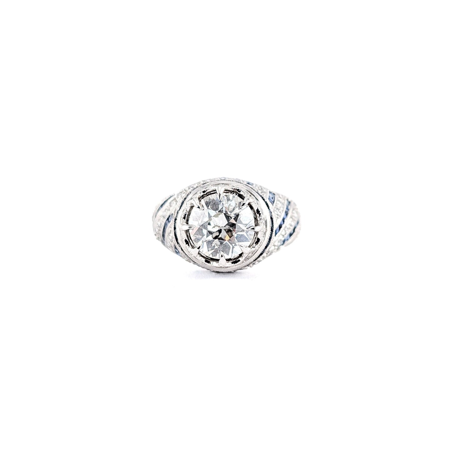 Vintage Sapphire & Diamond Ring, 1.84ct Old European Cut Diamond, Platinum