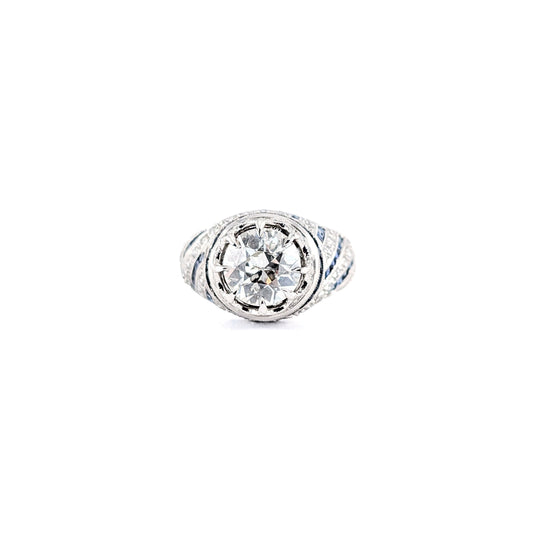 Vintage Sapphire & Diamond Ring, 1.84ct Old European Cut Diamond, Platinum