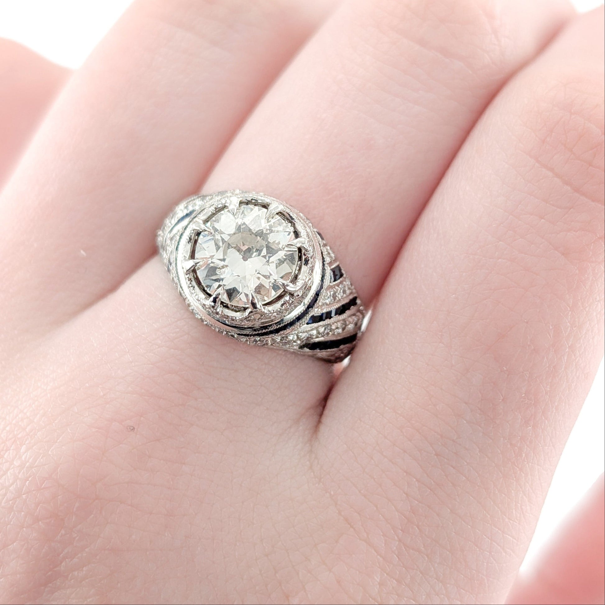 Vintage Sapphire & Diamond Ring, 1.84ct Old European Cut Diamond, Platinum