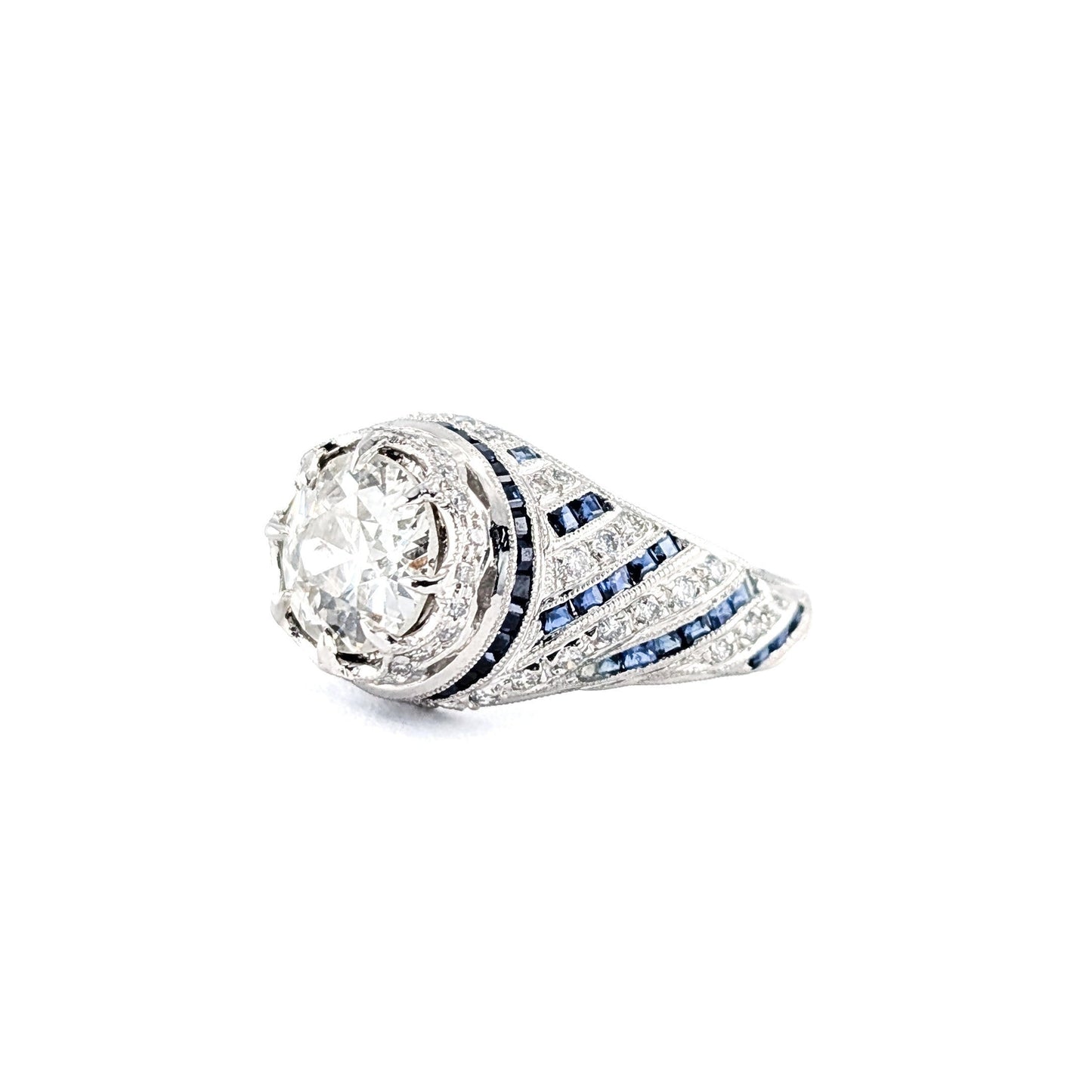 Vintage Sapphire & Diamond Ring, 1.84ct Old European Cut Diamond, Platinum