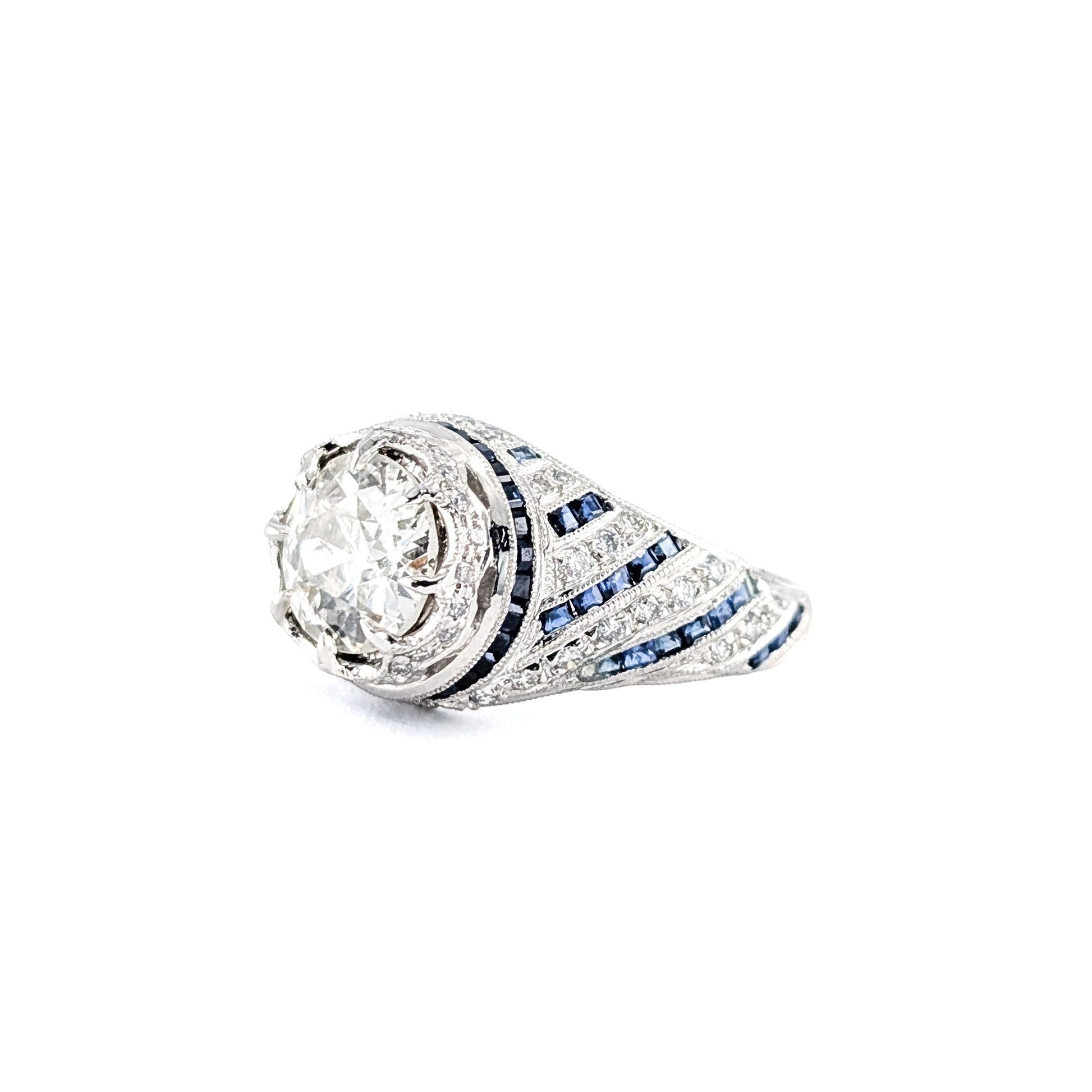 Vintage Sapphire & Diamond Ring, 1.84ct Old European Cut Diamond, Platinum