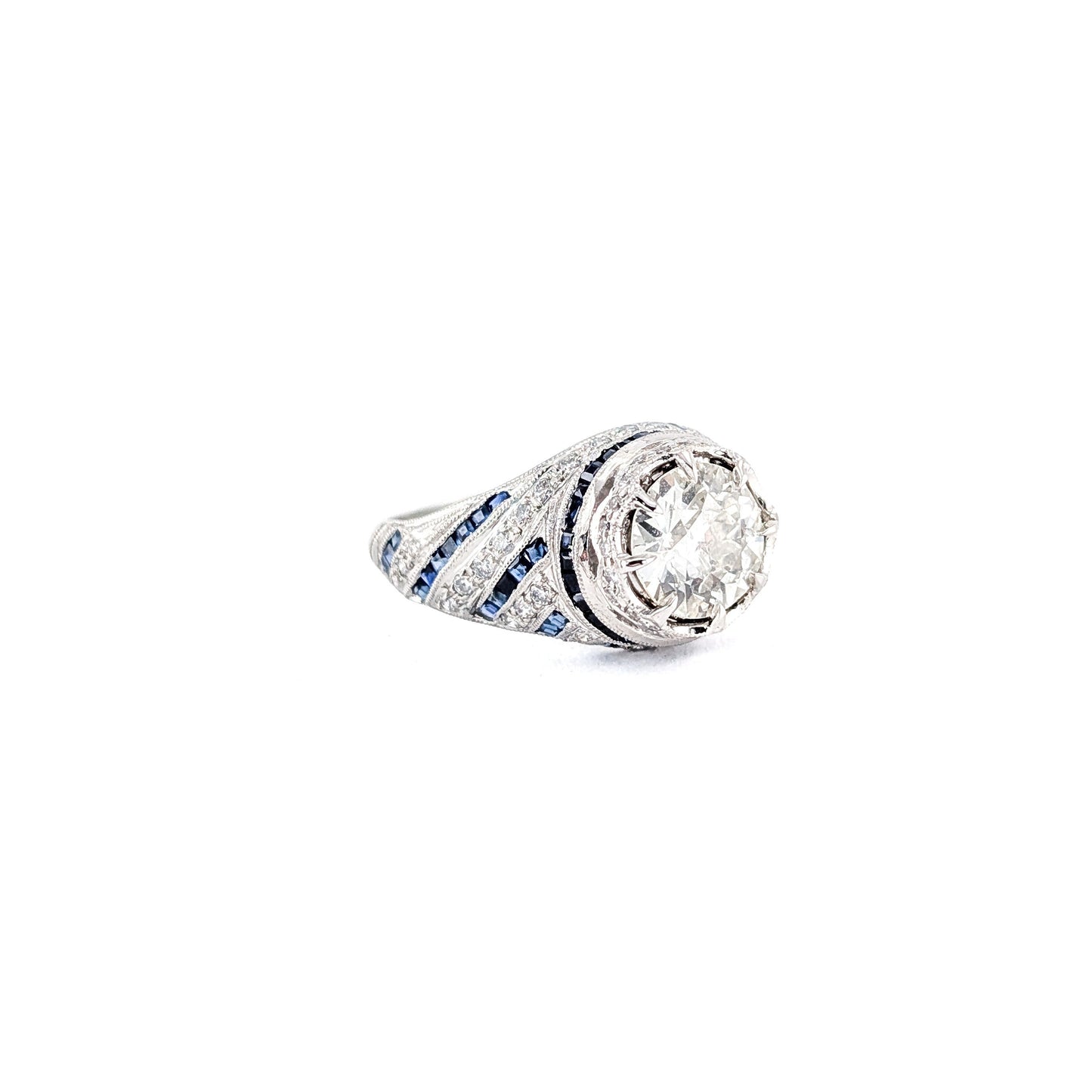 Vintage Sapphire & Diamond Ring, 1.84ct Old European Cut Diamond, Platinum