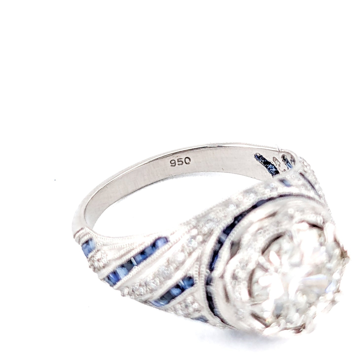 Vintage Sapphire & Diamond Ring, 1.84ct Old European Cut Diamond, Platinum