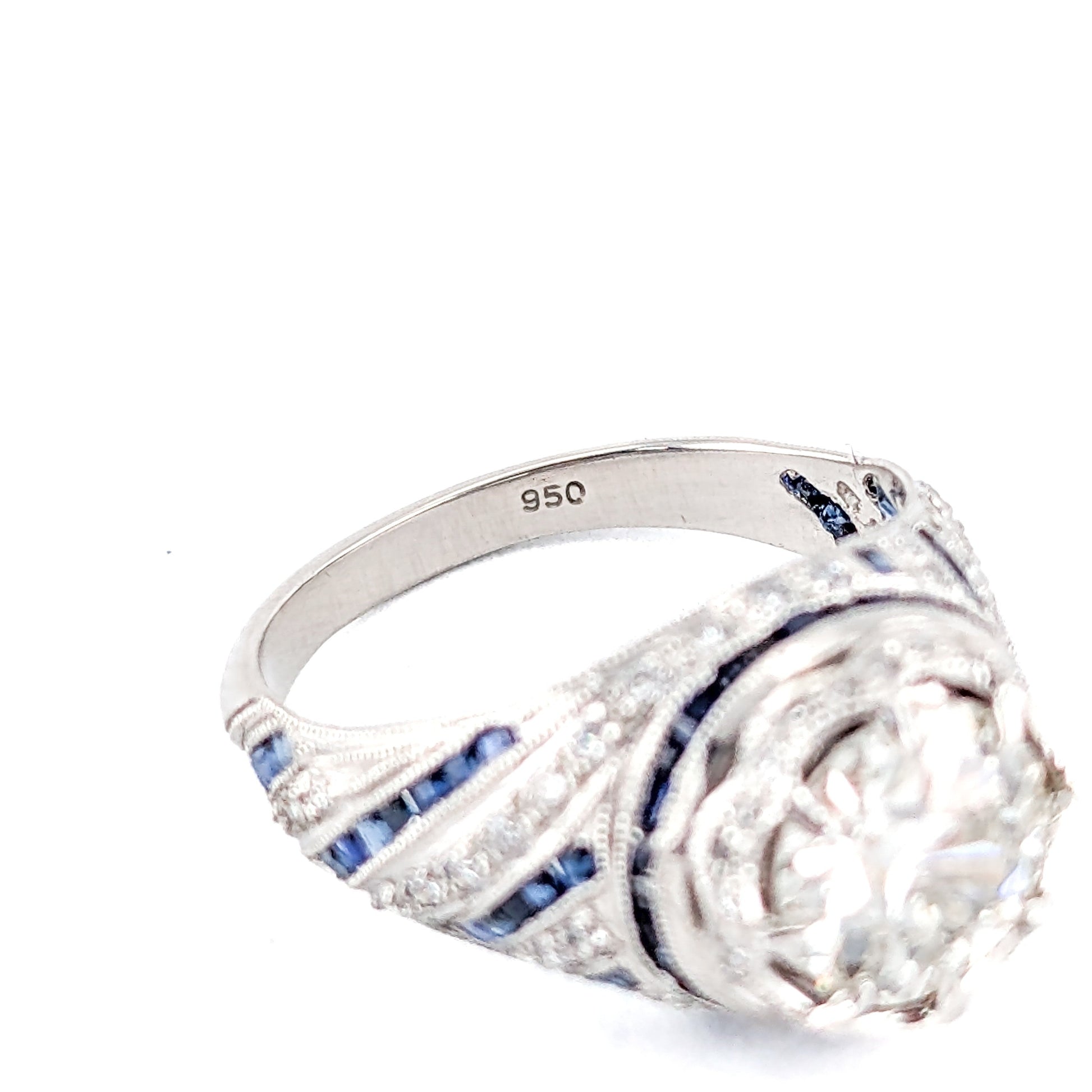 Vintage Sapphire & Diamond Ring, 1.84ct Old European Cut Diamond, Platinum