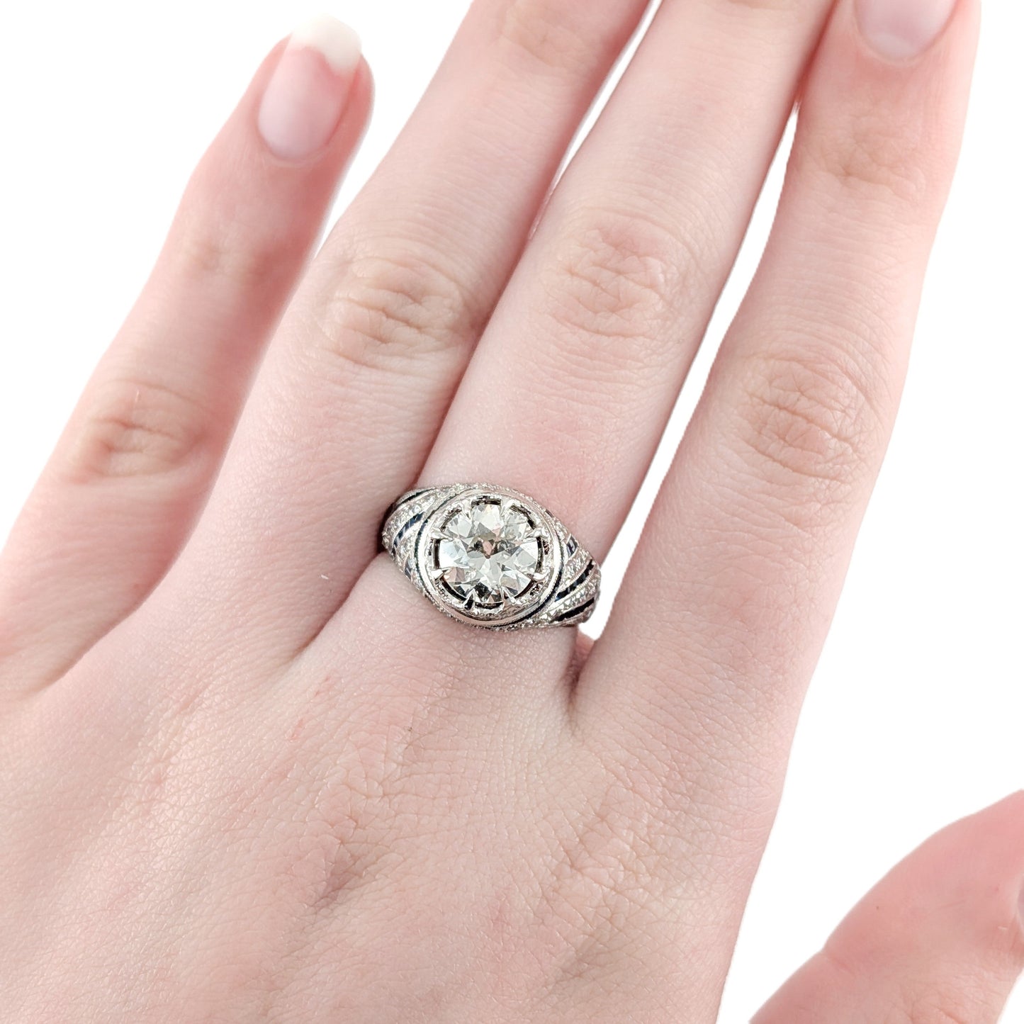 Vintage Sapphire & Diamond Ring, 1.84ct Old European Cut Diamond, Platinum