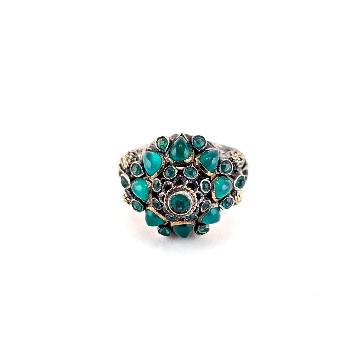 Vintage Thai Princess Ring 18K Gold Emerald Cabochon Cluster Statement Ring