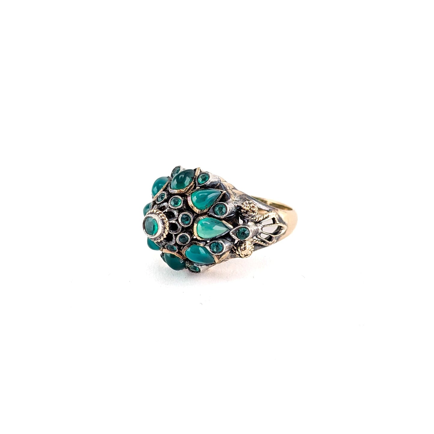 Vintage Thai Princess Ring 18K Gold Emerald Cabochon Cluster Statement Ring