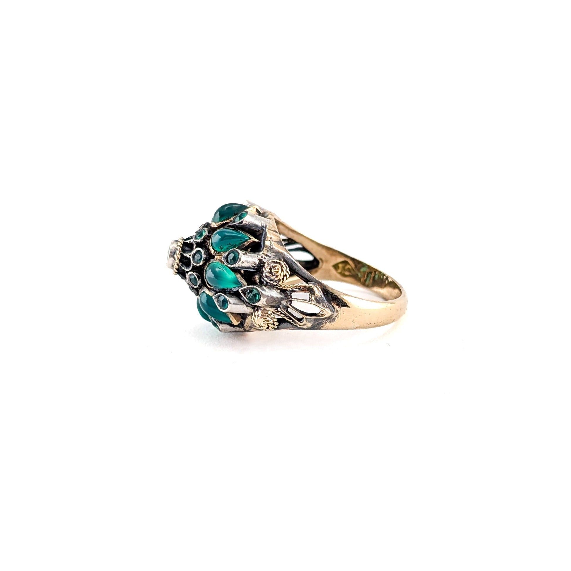 Vintage Thai Princess Ring 18K Gold Emerald Cabochon Cluster Statement Ring