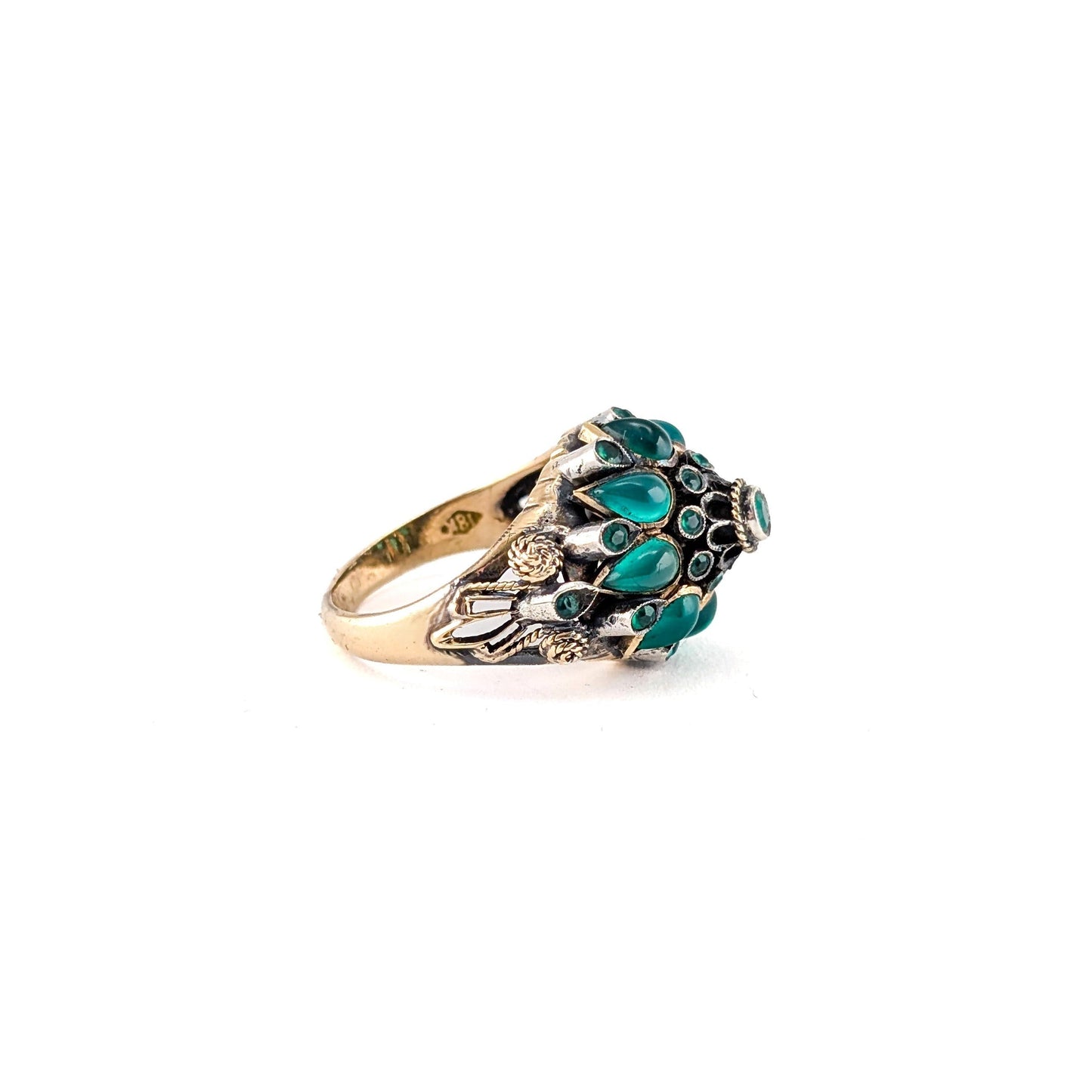 Vintage Thai Princess Ring 18K Gold Emerald Cabochon Cluster Statement Ring