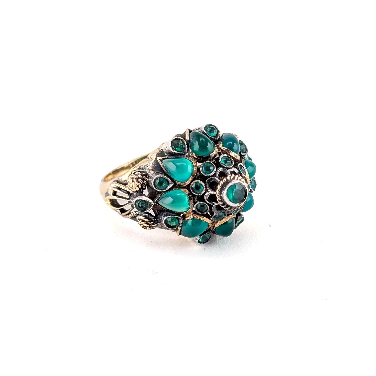 Vintage Thai Princess Ring 18K Gold Emerald Cabochon Cluster Statement Ring