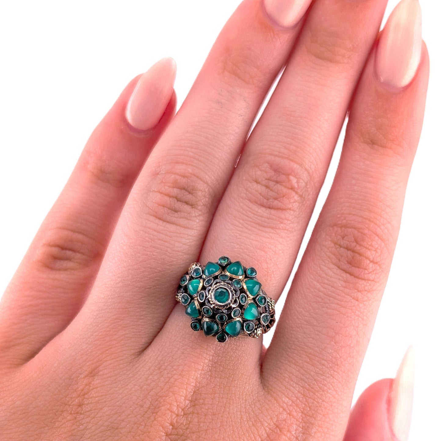 Vintage Thai Princess Ring 18K Gold Emerald Cabochon Cluster Statement Ring