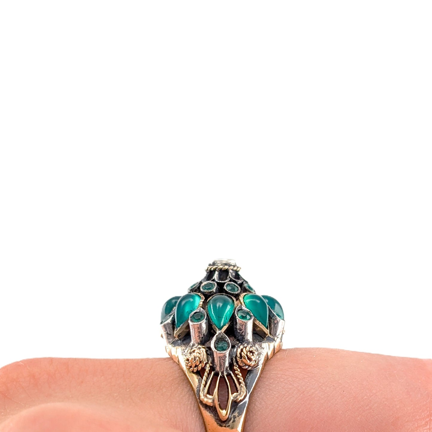 Vintage Thai Princess Ring 18K Gold Emerald Cabochon Cluster Statement Ring